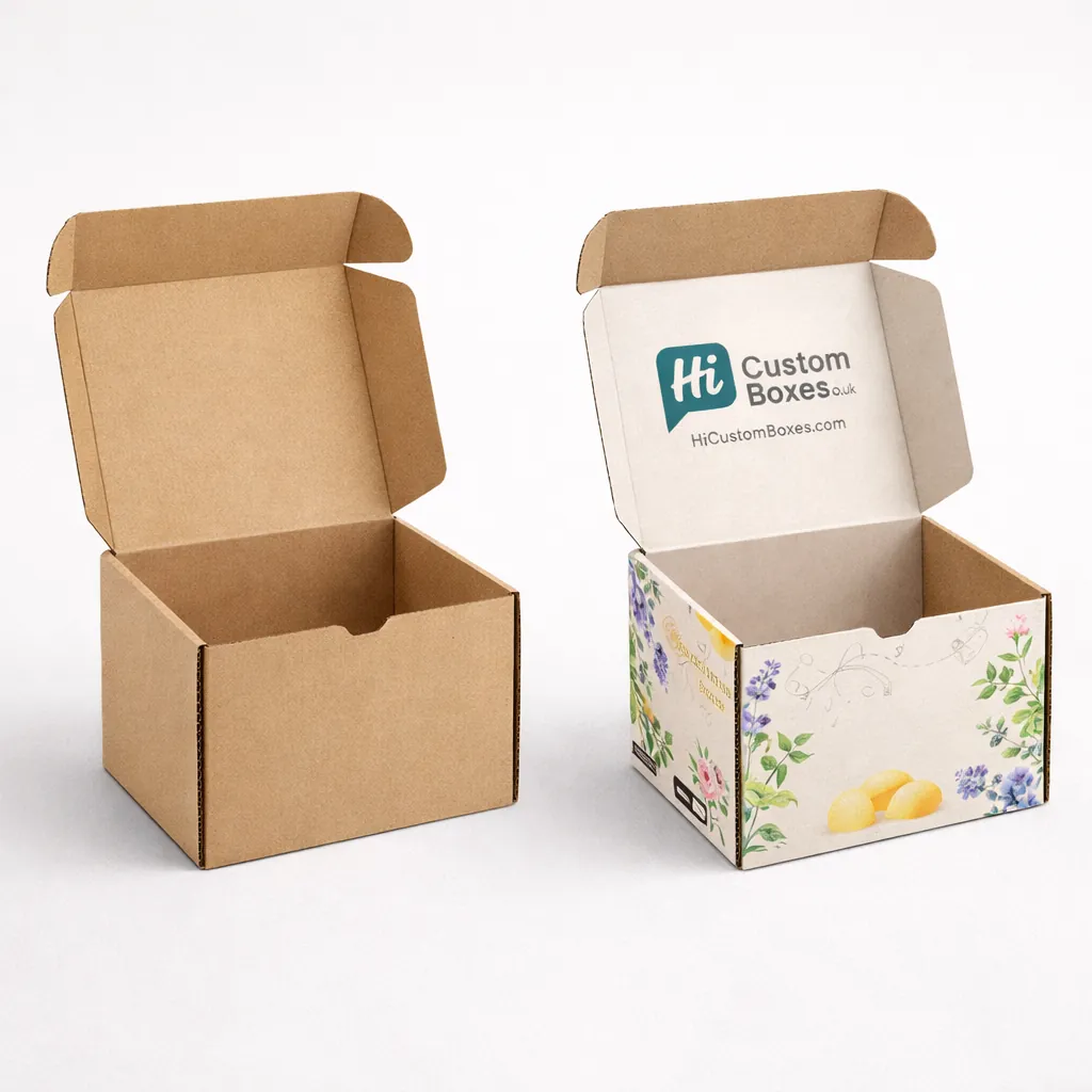 Open cardboard mailer boxes for wax melts, displayed in plain kraft and a colourful floral finish.